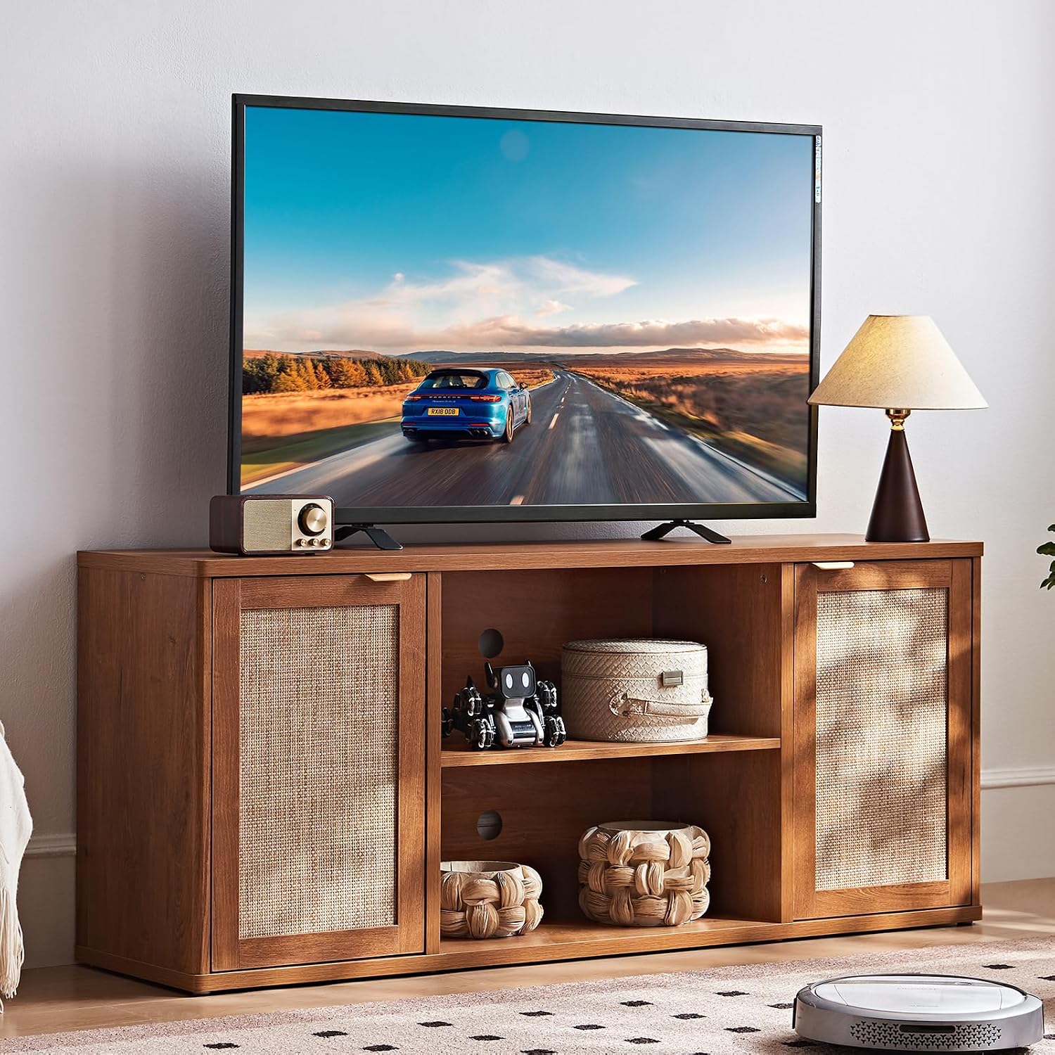LEYAOYAO Rattan TV Stands for Living Room, Boho TV Cabinet with Storage and Open Shelf, Rustic Wood Entertainment Center, Media Console for 50-65 Inch TV, Tea Brown