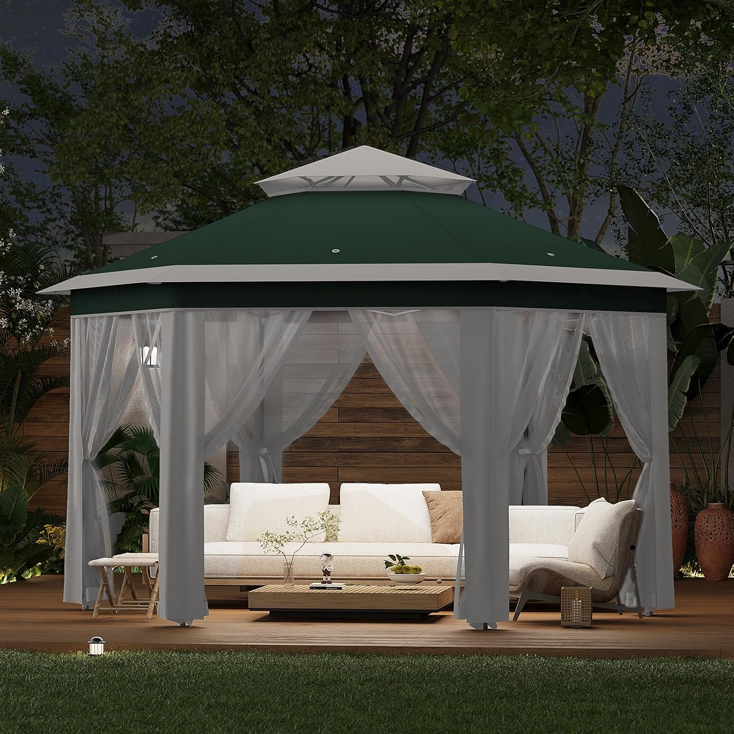 13'x13' Pop Up Gazebo, Hexagonal Outdoor Canopy Tent, [Sturdy Metal Frame] Instant Pop Up Tent with Mesh Netting, Waterproof & UV-Resistant Outdoor Gazebo for Backyard, Patio, Deck, Lawn Party(Green)
