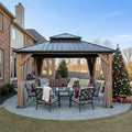 12 x 12FT Cedar Wood Frame Hardtop Gazebo with Galvanized Steel Double Roof, Curtains and Netting, Outdoor Wooden Gazebo Pergola for Patio Lawn Backyard