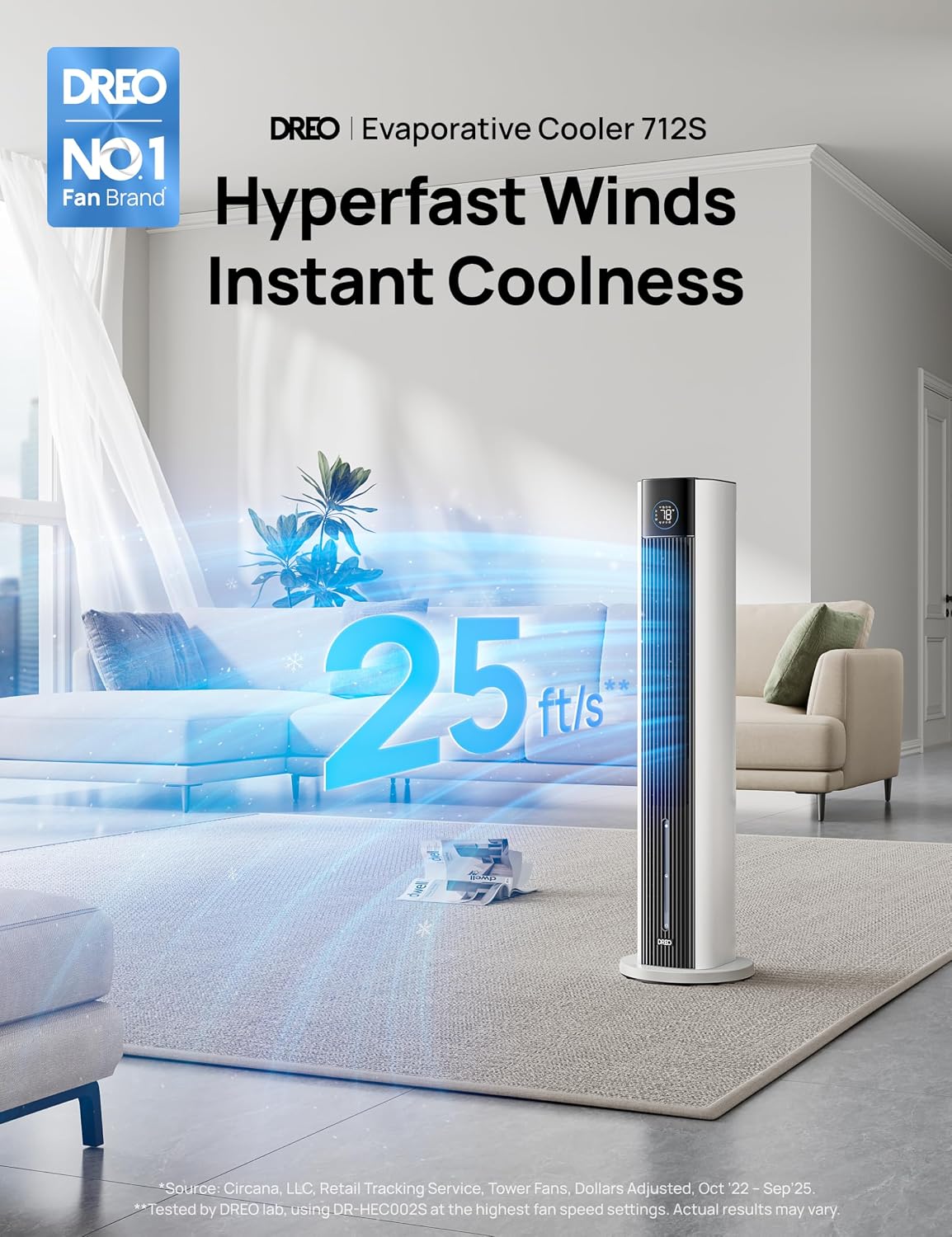 Dreo Tower Fan for Bedroom, 43' Cooling Fans That Blow Cold Air 2025 Upgraded, Evaporative Air Cooler, Quiet 85° Oscillating Floor Fan, Easy Cleaning, APP Control, 4 Modes & 4 Speeds, 12H Timer, White