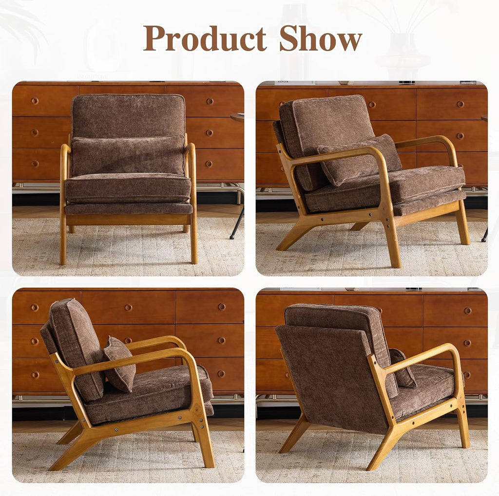 Karl home Mid Century Modern Accent Chair with Lumbar Pillow & Oak Arms – Plush Chenille Living Room Chair for Bedroom, Lounge (Brown)