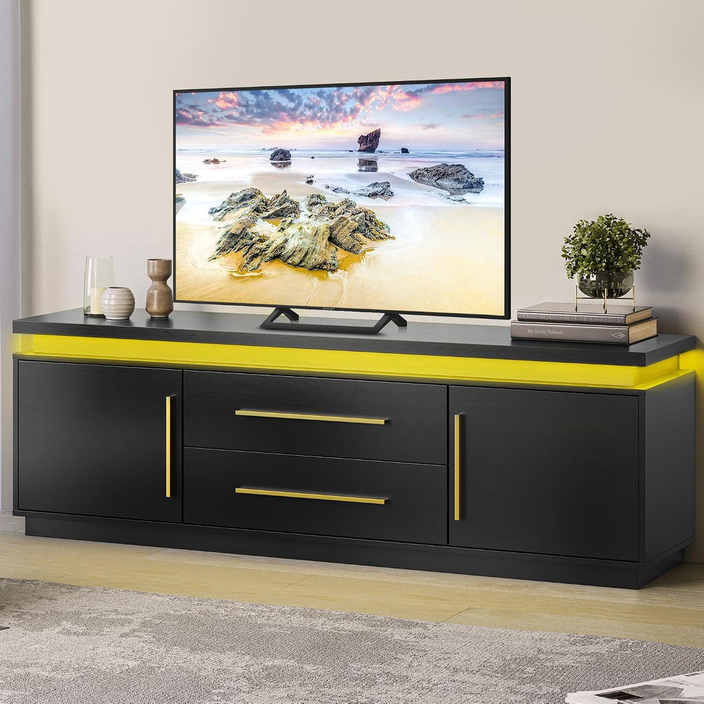 BELLEZE 67' TV Stand for TV up to 75', Modern Entertainment Center with LED Lights Change to Melody of Music, Media Console Table with Cabinets and Drawers for Living Room, Bedroom - Studio (Black)