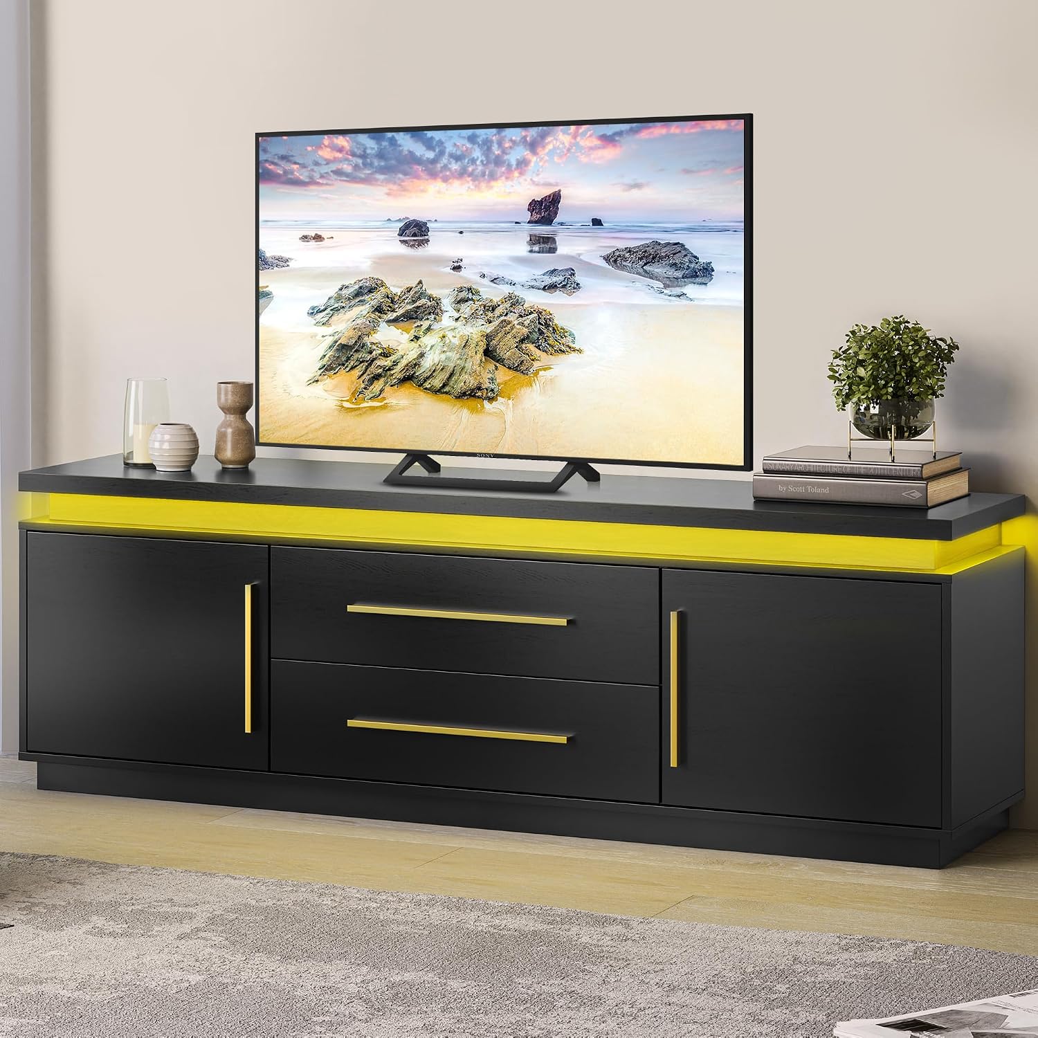 BELLEZE 67' TV Stand for TV up to 75', Modern Entertainment Center with LED Lights Change to Melody of Music, Media Console Table with Cabinets and Drawers for Living Room, Bedroom - Studio (Black)