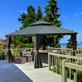 Domi Hardtop Gazebo 12x14FT, Outdoor Gazebo with Galvanized Steel Double Roof, Aluminum Frame, Built-in Gutter System, Curtain and Netting, Metal Gazebo Pavilion for Patio Deck Garden, Grey