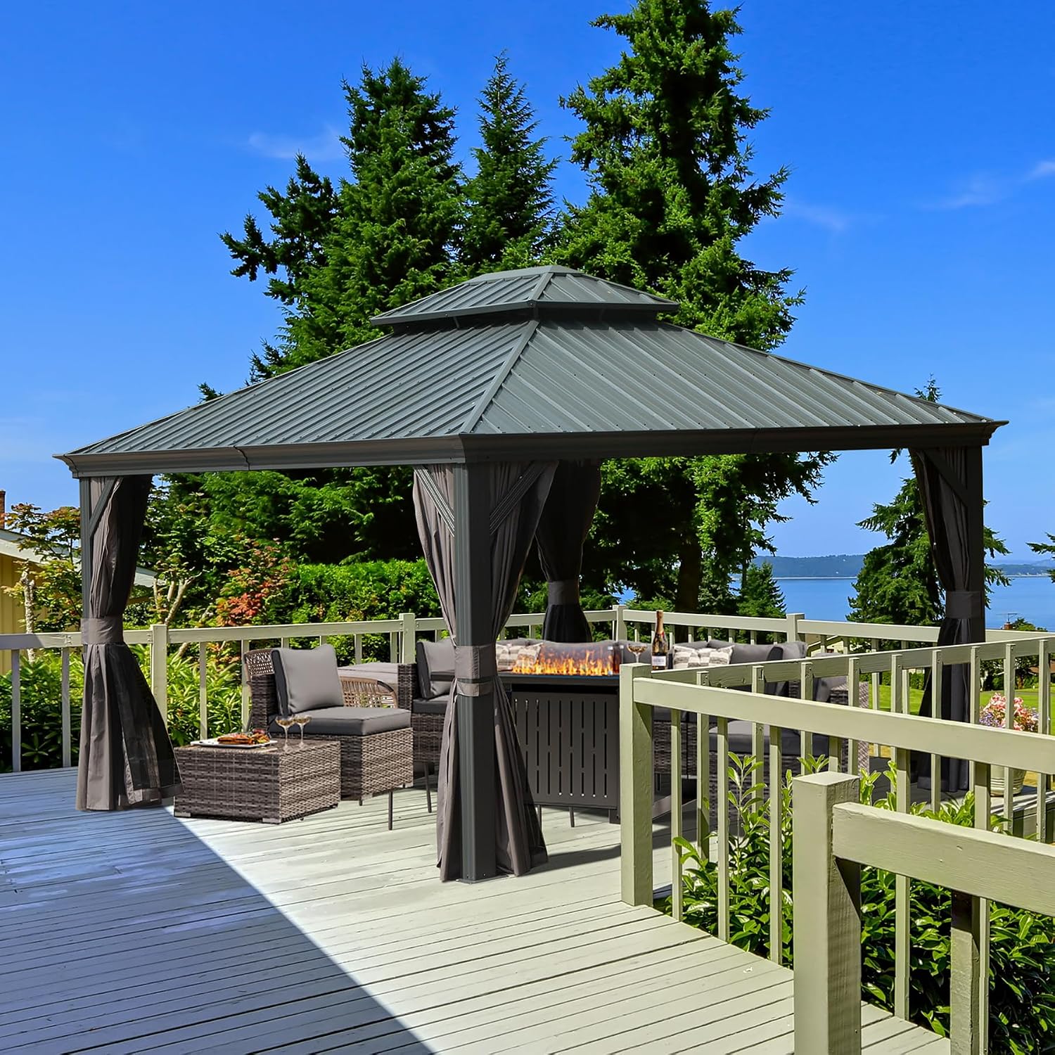 Domi Hardtop Gazebo 12x14FT, Outdoor Gazebo with Galvanized Steel Double Roof, Aluminum Frame, Built-in Gutter System, Curtain and Netting, Metal Gazebo Pavilion for Patio Deck Garden, Grey