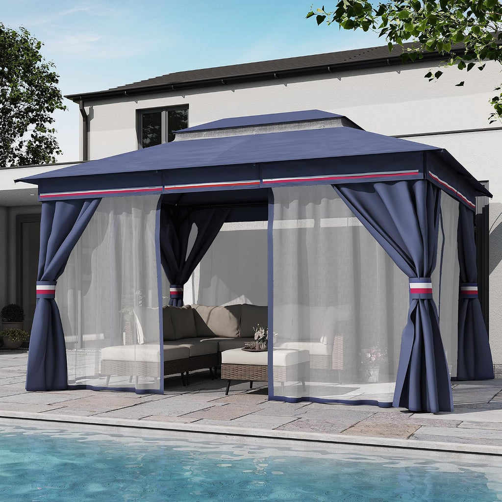 LAUSAINT HOME 10'x13' Outdoor Gazebo, Metal Frame Heavy Duty Patio Canopy Tent Shelter with Double Roofs, Mosquito Nettings and Privacy Screens for Backyard, Garden, Lawn, Classic Blue