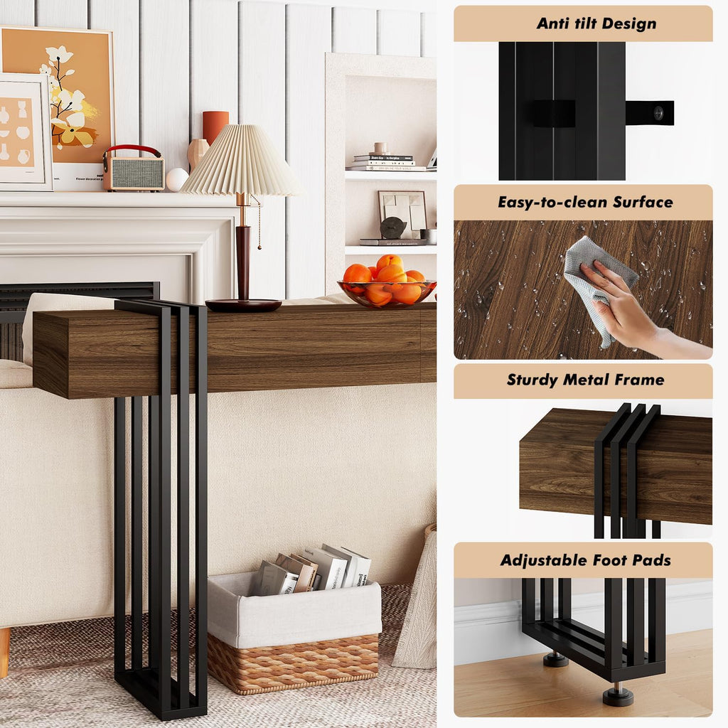 knoworld 63 Inch Console Table for Entryway, Industrial Sofa Tables Couch Table Behind Sofa for Living Room Hallway Foyer, Walnut