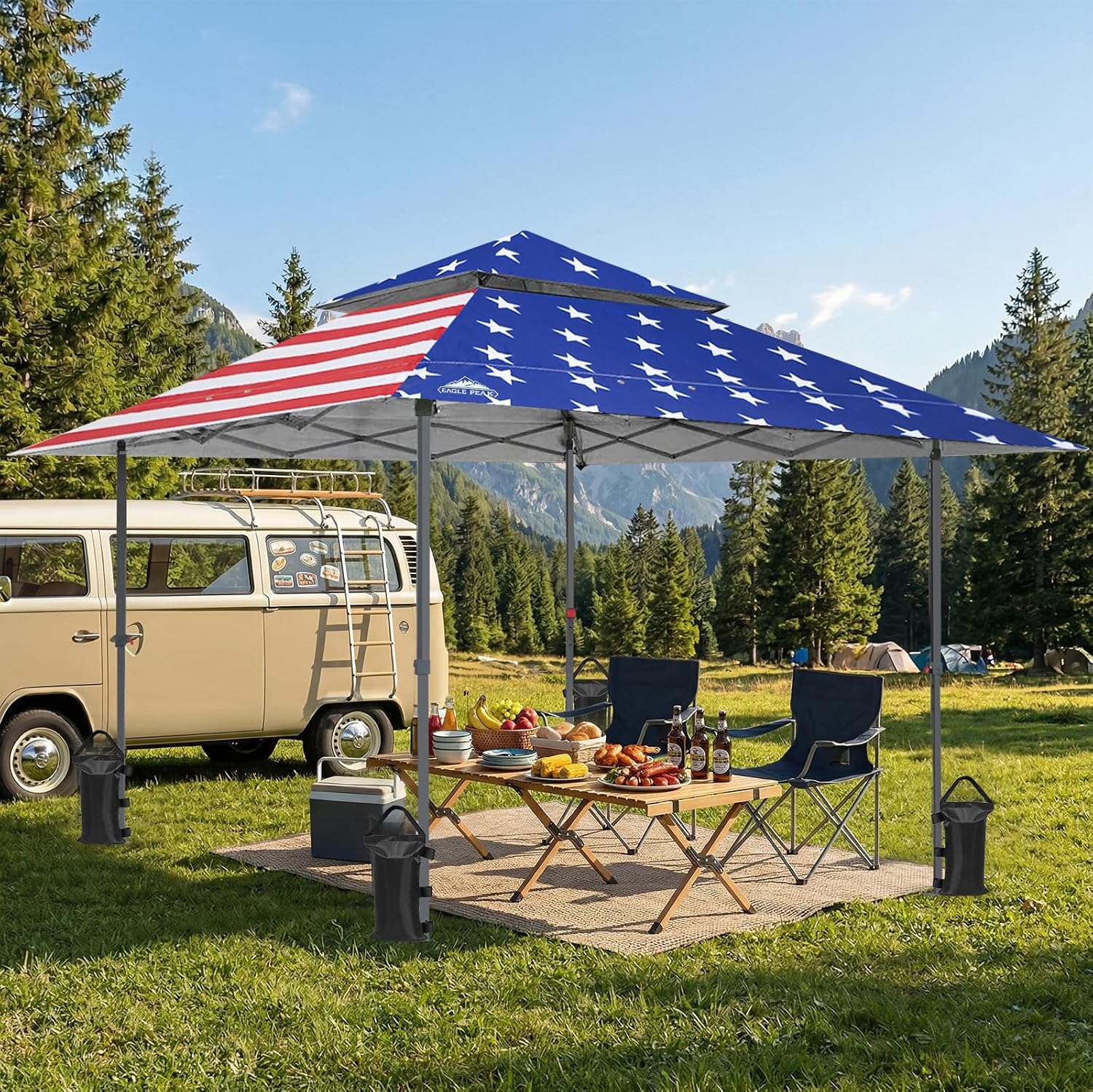 EAGLE PEAK 13x13 Straight Leg Pop Up Canopy Tent Instant Outdoor Canopy Easy Single Person Set up Folding Shelter w/Auto Extending Eaves 169 Square Feet of Shade (American Flag)