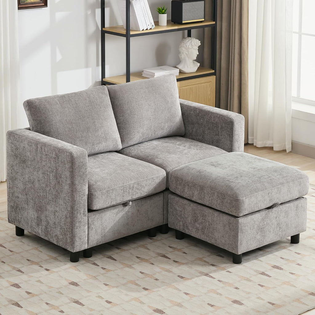 WUTUTUEE 58'Modular Sectional Loveseat Sofa with Storage, Comfy Office L Shaped Sofa Couch, Chenille Love Seat Modular Sectional Couch with Movable Ottoman for Living Room, Bedroom, Light Grey