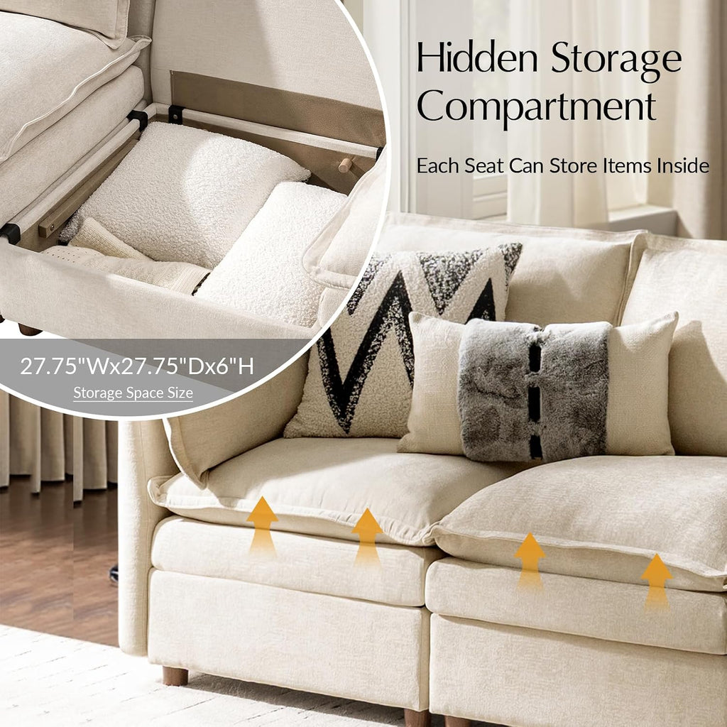 HULALA HOME 128'' Oversized Modular Sectional Sofa with Dual-Layered Cushions, U Shaped 6 Seater Couch with Storage Ottoman and Removable Cover, Modern Deep Seat Cloud Couch for Living Room, Beige