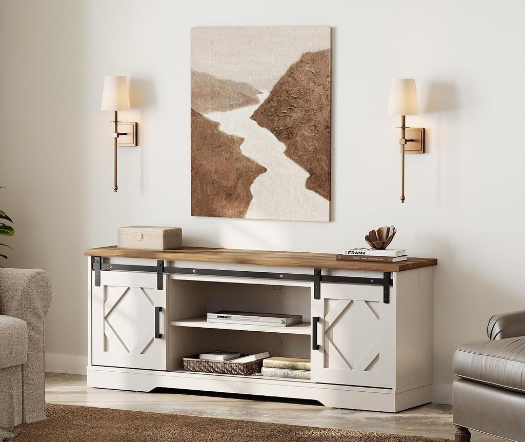 WAMPAT Modern Farmhouse TV Stand for TVs up to 65' with Sliding Barn Doors, 23.6' H Wood Entertainment Center with Adjustable Media Storage Shelf for Living Room, Antique White