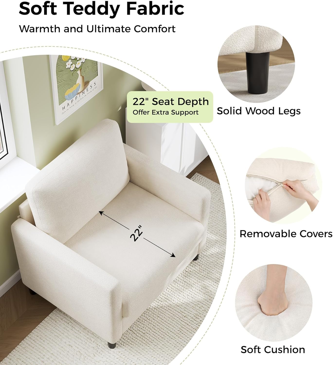 Welzona Sofa Accent Chair, 33' Reading Chair for Bedroom, Tool-Free Setup Living Room Accent Chairs, Comfy Arm Chairs Living Room, All-Wood Reading Nook, Cream White