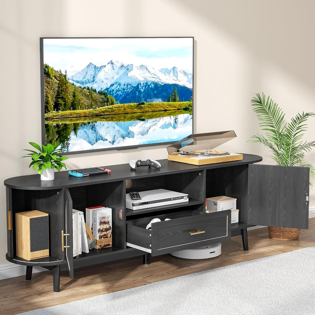 70' Fluted TV Stand for Tvs up to 80', Mid-Century Modern Entertainment Center with Drawers and Fluted Doors, Curved TV Media Console Table with Sliding Doors for Living Room, Bedroom (70' Black)