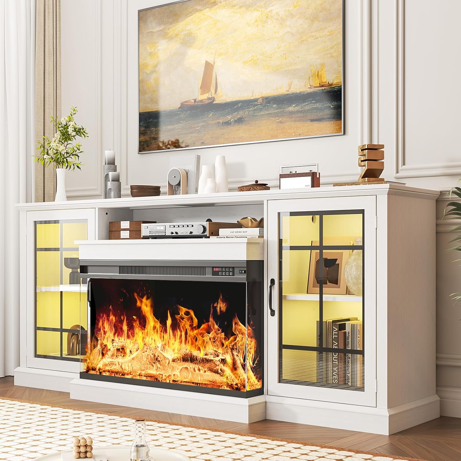 oneinmil 80'' Fireplace TV Stand with 3-Sided Glass, TV Cabinet for TVs up to 85', 80'' Modern Media Entertainment Center with Farmhouse Glass Door Storage Cabinets