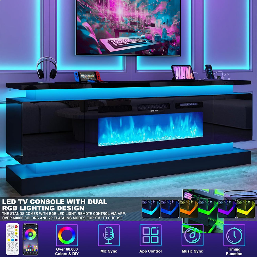 chartustriable 71IN LED TV Stands w/40 inch Fireplace Power Outlet for 85/80/75 Inch TVs,High Glossy Modern TV Media Console Gaming with 2 Storage Cabinets,Dual LED Lights,Black
