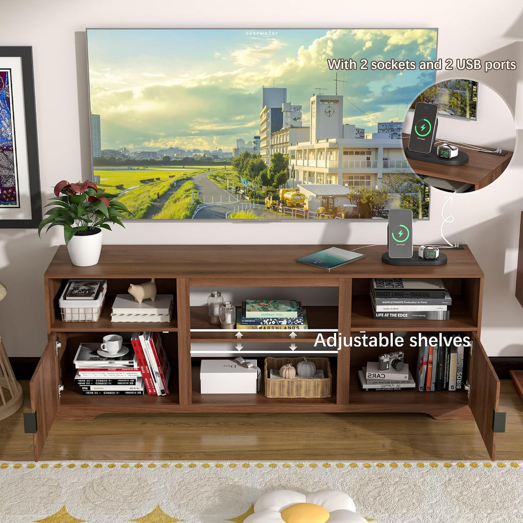 Fluted TV Stand for Tvs up to 80',Mid Century Modern TV Stand with Open Adjustable Shelf,Entertainment Center Wood TV Media Console with Cord Holes for Living Room Furniture Bedroom,Walnut