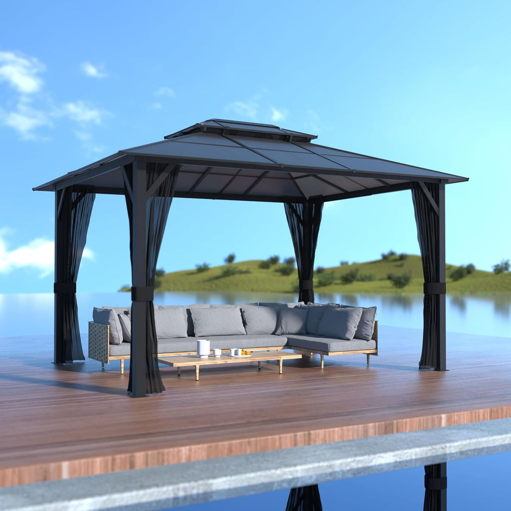 MUPATER Gazebo,10x13 FT Polycarbonate Hardtop Gazebo with Aluminum Frame, Double Roof Patio Gazbeo, Permanent Outdoor Pavilion with Insect-Proof Netting for Patios, Deck, Lawns, Gardens and Pools