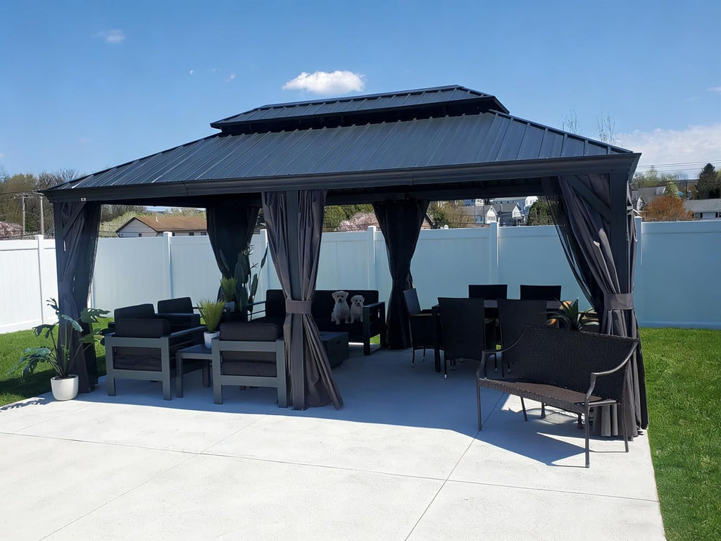 PURPLE LEAF 12' X 20' Permanent Hardtop Gazebo Aluminum Gazebo with Galvanized Steel Double Roof for Patio Lawn and Garden, Curtains and Netting Included, Grey