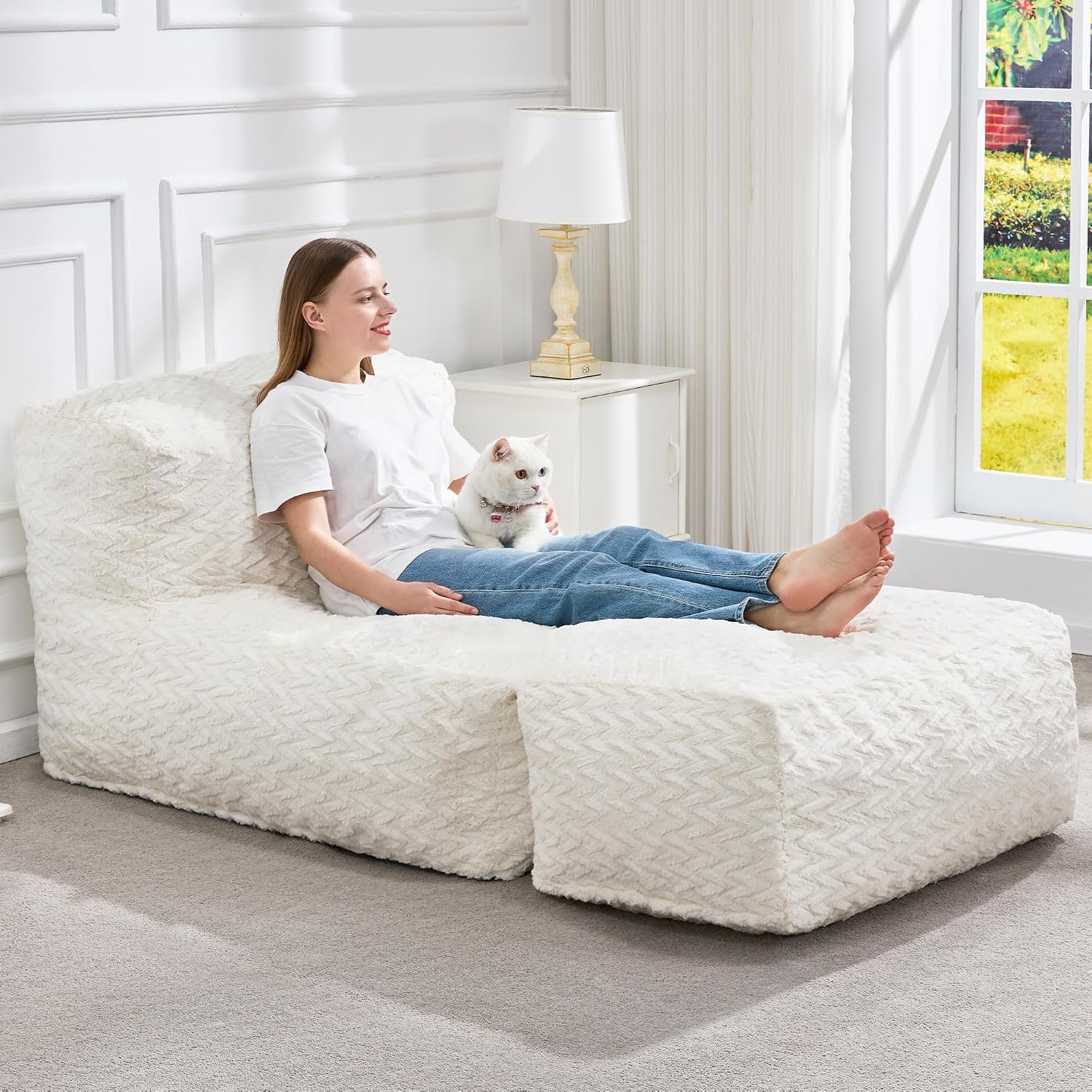Hobestluk Bean Bag Chair Big Bean Bag Lounger for Adults Bean Bag Couch with Memory Foam Filled for Living Room, Bedroom or Balcony (Chevron Plush White)