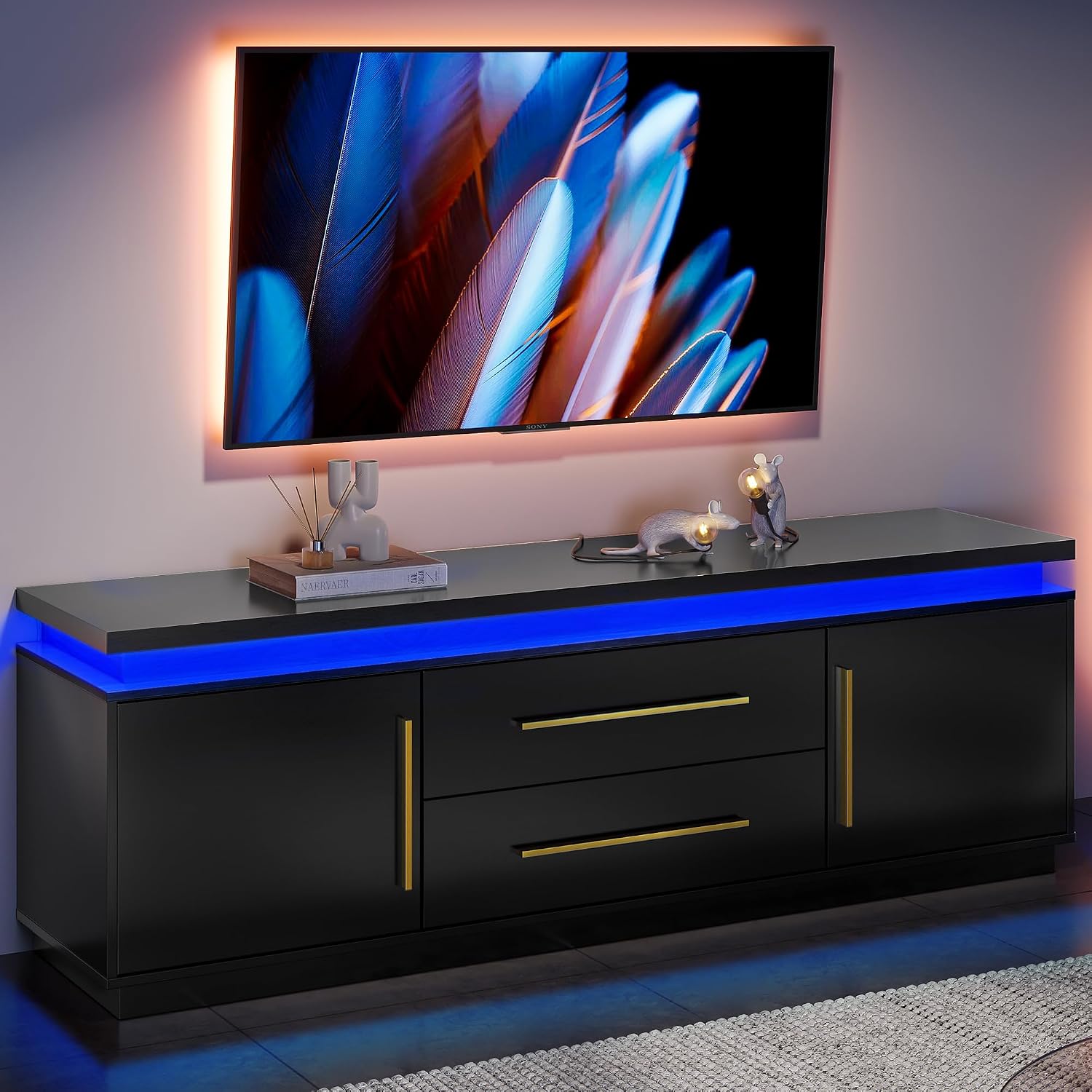 BELLEZE 67' TV Stand for TV up to 75', Modern Entertainment Center with LED Lights Change to Melody of Music, Media Console Table with Cabinets and Drawers for Living Room, Bedroom - Studio (Black)