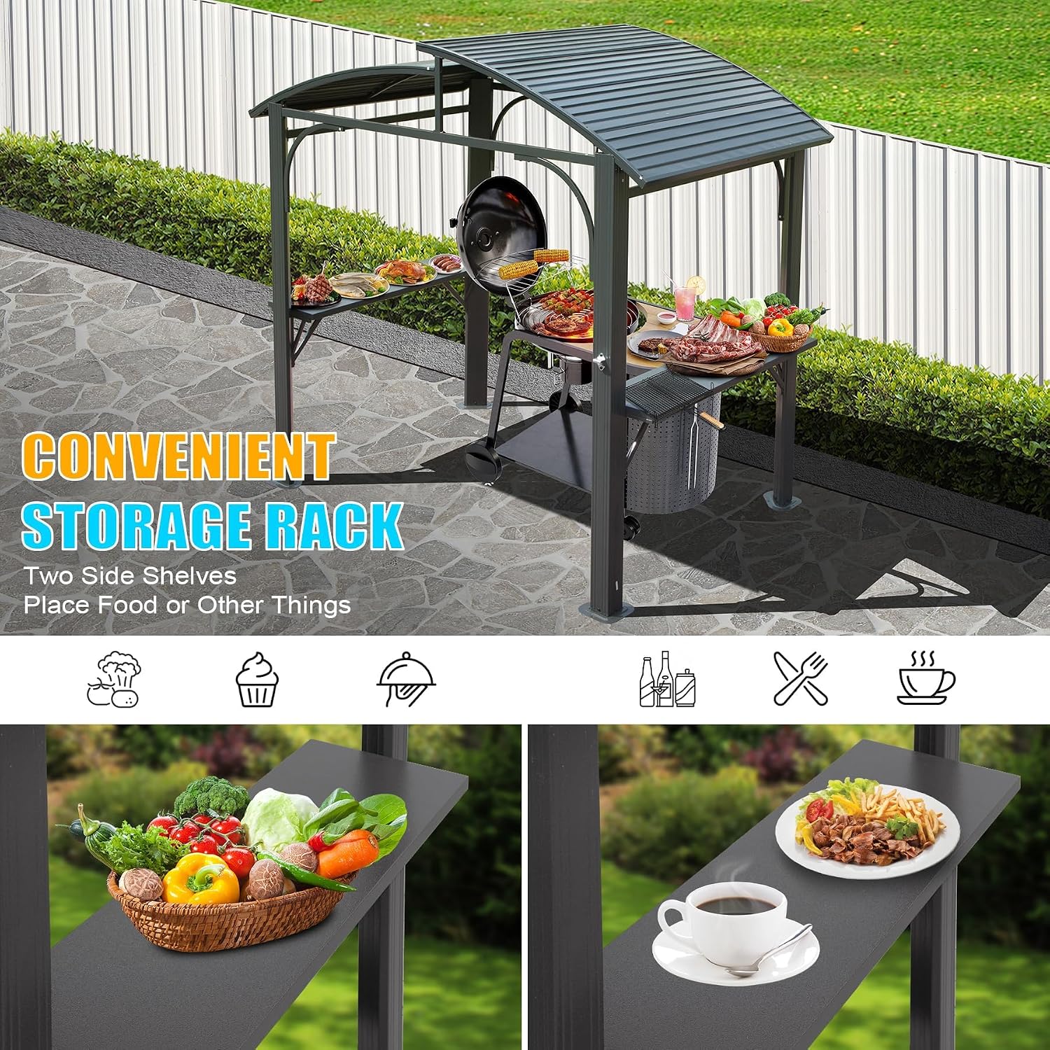 8x5FT Arc Roof, Grill Canopy for Outdoor Grill w,Double Galvanized Steel Roof and 2 Side Shelves, BBQ Gazebo Grill Tent for Patio GBackyard, Grey