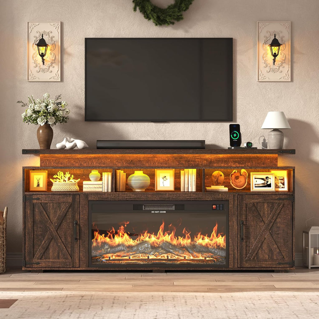 Farmhouse Fireplace TV Stand w/Power Outlet for 75/80 Inch TV, 32' Tall Entertainment Center w/ 36' Electric Fireplace,LED Light, Rustic Media Console w/Sliding Barn Door for Living Room,Rustic Brown