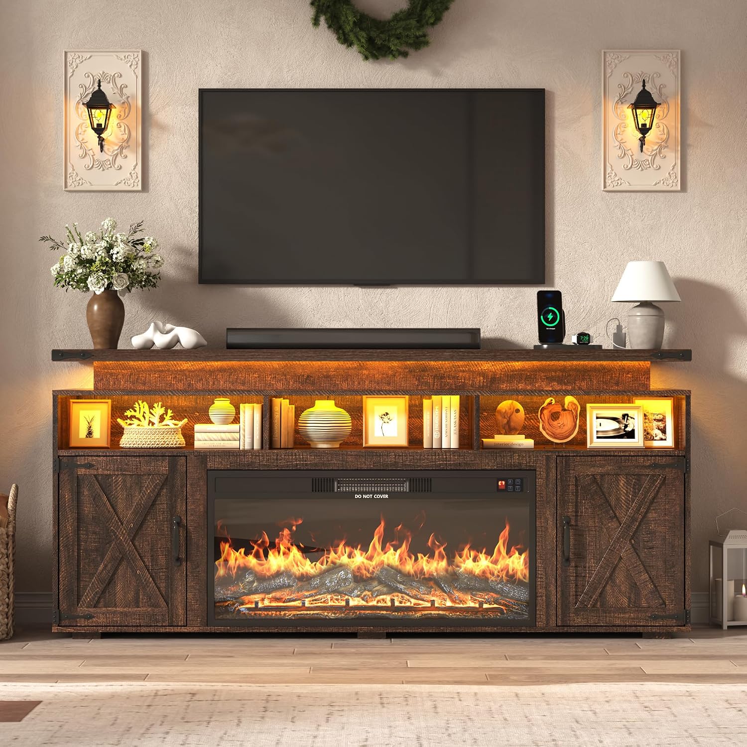 Farmhouse Fireplace TV Stand w/Power Outlet for 75/80 Inch TV, 32' Tall Entertainment Center w/ 36' Electric Fireplace,LED Light, Rustic Media Console w/Sliding Barn Door for Living Room,Rustic Brown