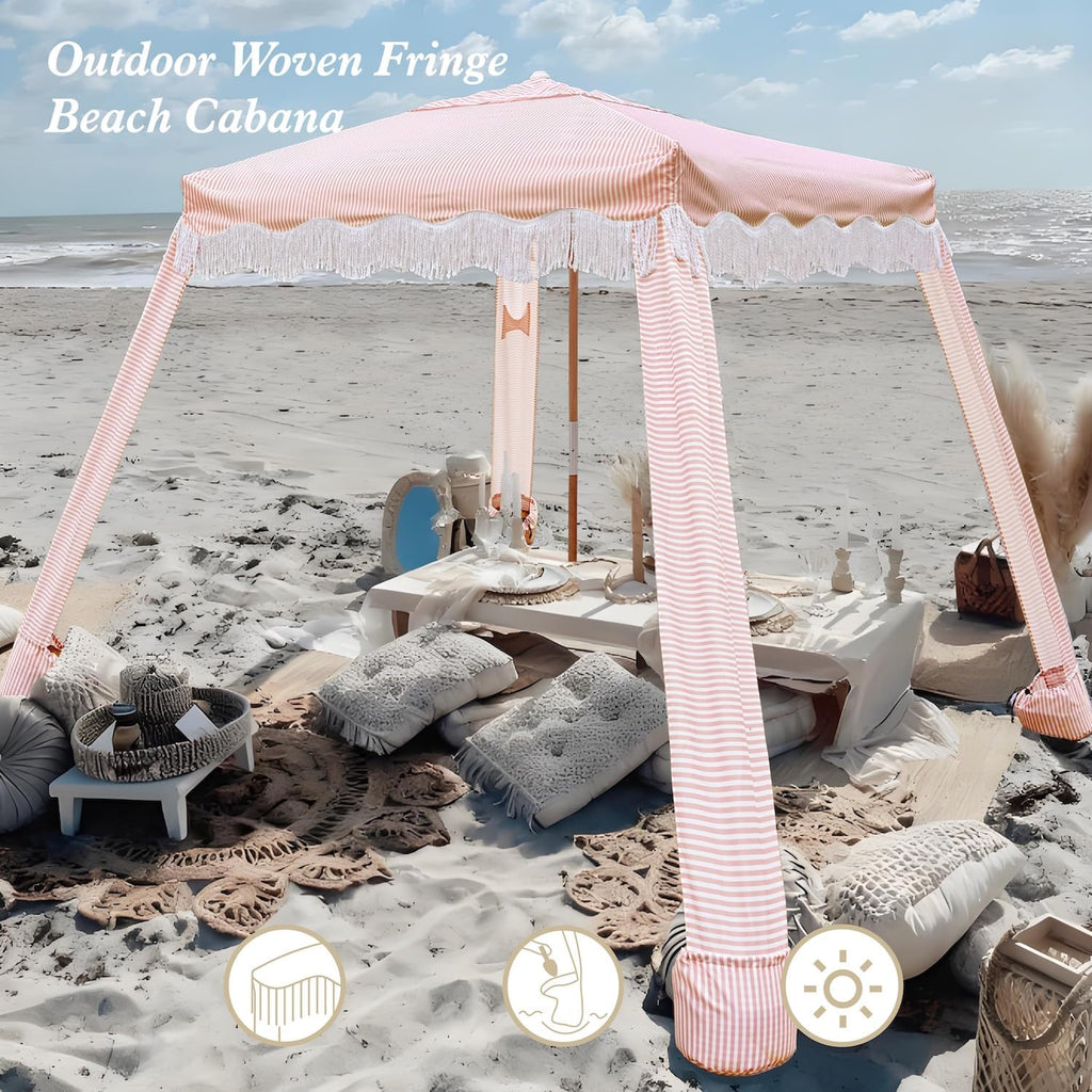 AMMSUN Beach Cabana with Fringe, 7' x 7' Boho Beach Canopy with Tassels, Easy Set up & Premium Wood Pole, Cabana Tent with Sand Pockets, Instant Sun Shade for Sand, Garden, Patio, Pink Stripes