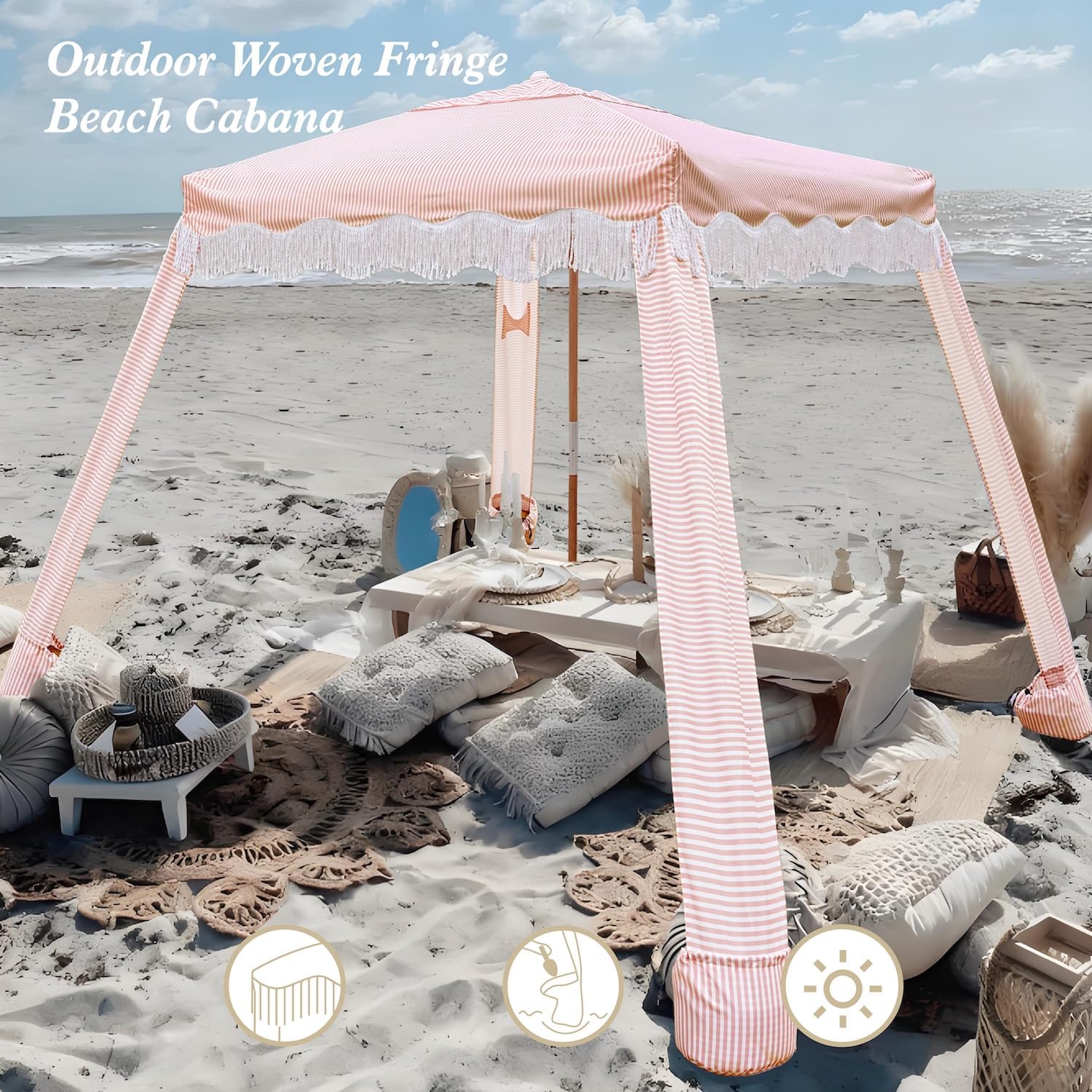 AMMSUN Beach Cabana with Fringe, 7' x 7' Boho Beach Canopy with Tassels, Easy Set up & Premium Wood Pole, Cabana Tent with Sand Pockets, Instant Sun Shade for Sand, Garden, Patio, Pink Stripes