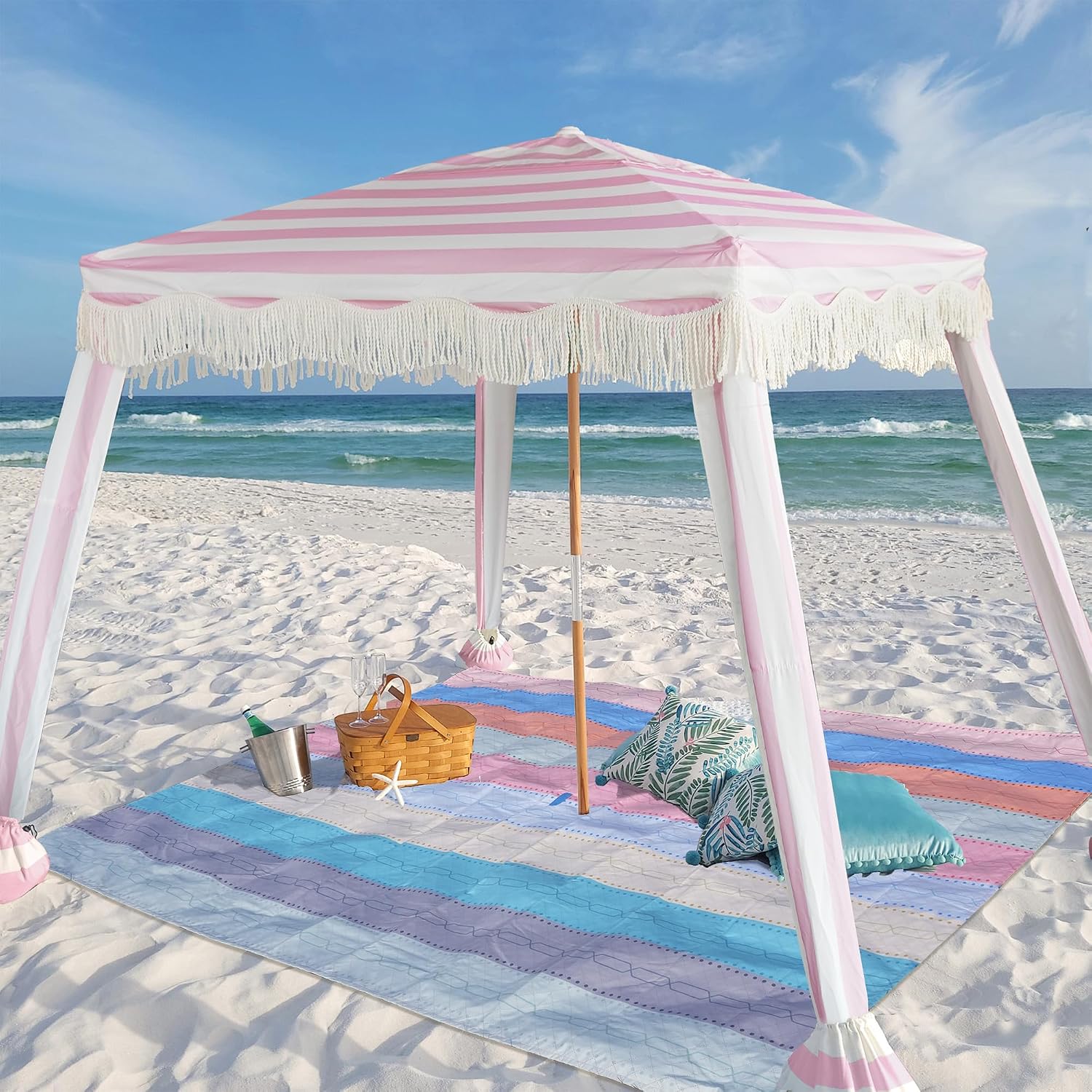 AMMSUN Beach Cabana with Beach Blanket, 7' x 7' Boho Canopy with Tassels, Premium Wood Pole, Fringe Cabana Tent with Sand Pockets, Instant Sun Shade for Sand, Garden, Outdoor, Rose Pink Stripes