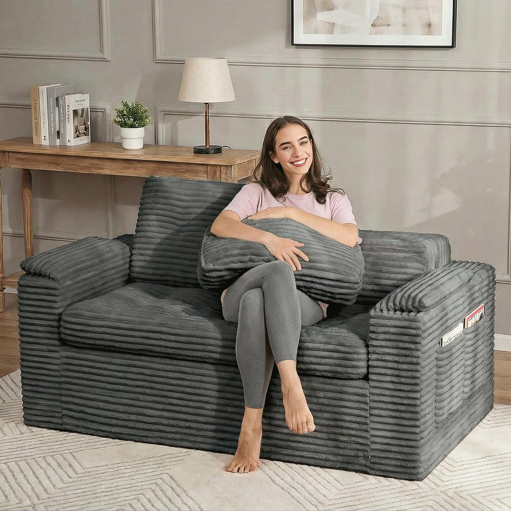 Boneless Loveseat Sofa, 58in Boneless Cloud Couch for Living Room 2 Seater Modern Lounge Sleeper Couch with Removable Cover Corduroy Sofa with Armrest, Dark Grey