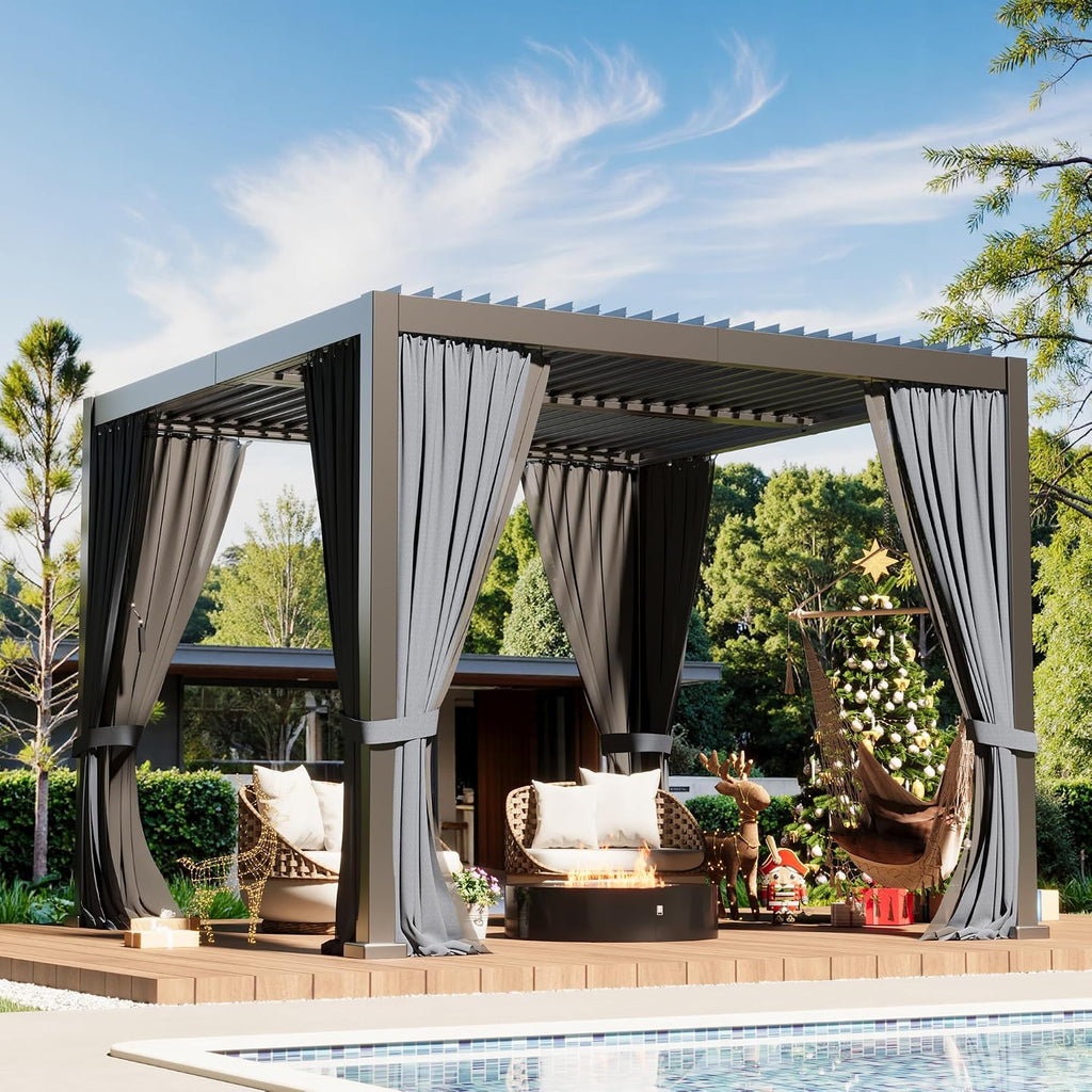 10×10 FT Aluminum Louvered Pergola, Outdoor Metal Pergola with Adjustable Waterproof Louvered Roof, Outdoor Gazebo with Curtains & Nets for Patio, Backyard, Garden (Grey)