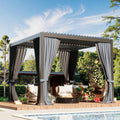 10×10 FT Aluminum Louvered Pergola, Outdoor Metal Pergola with Adjustable Waterproof Louvered Roof, Outdoor Gazebo with Curtains & Nets for Patio, Backyard, Garden (Grey)