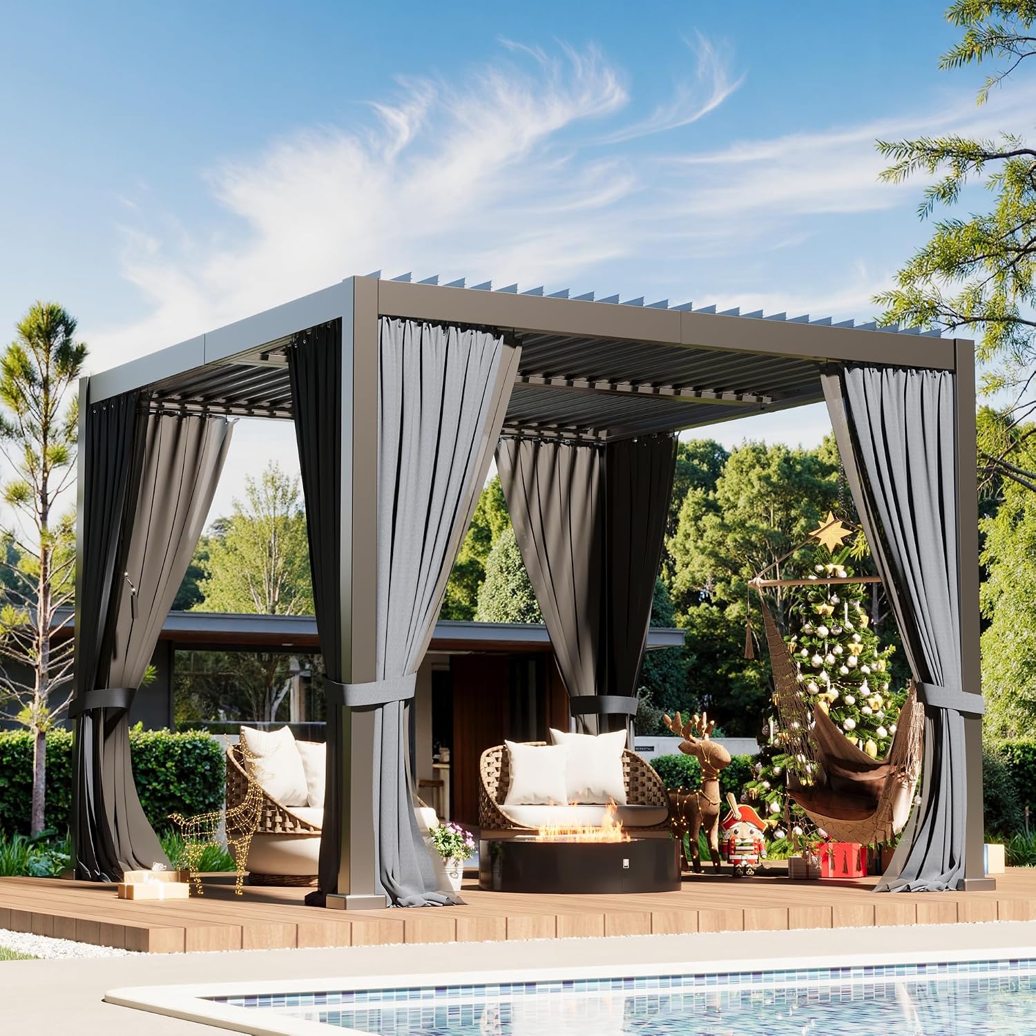 10×10 FT Aluminum Louvered Pergola, Outdoor Metal Pergola with Adjustable Waterproof Louvered Roof, Outdoor Gazebo with Curtains & Nets for Patio, Backyard, Garden (Grey)