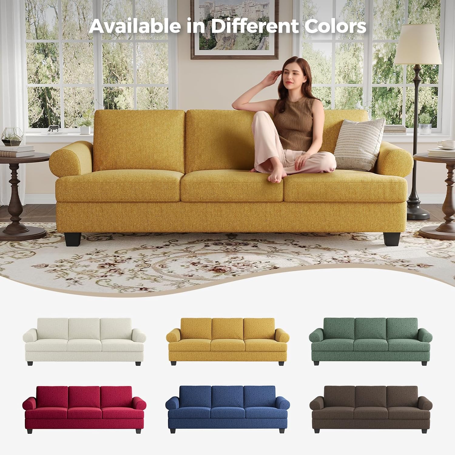 COPIAE 91 Inch Lawson Sofa with Extra Deep Seats Oversize, Mid-Century 3-Seat Sofa Couch, for Living Room, Apartment, Lounge, Yellow
