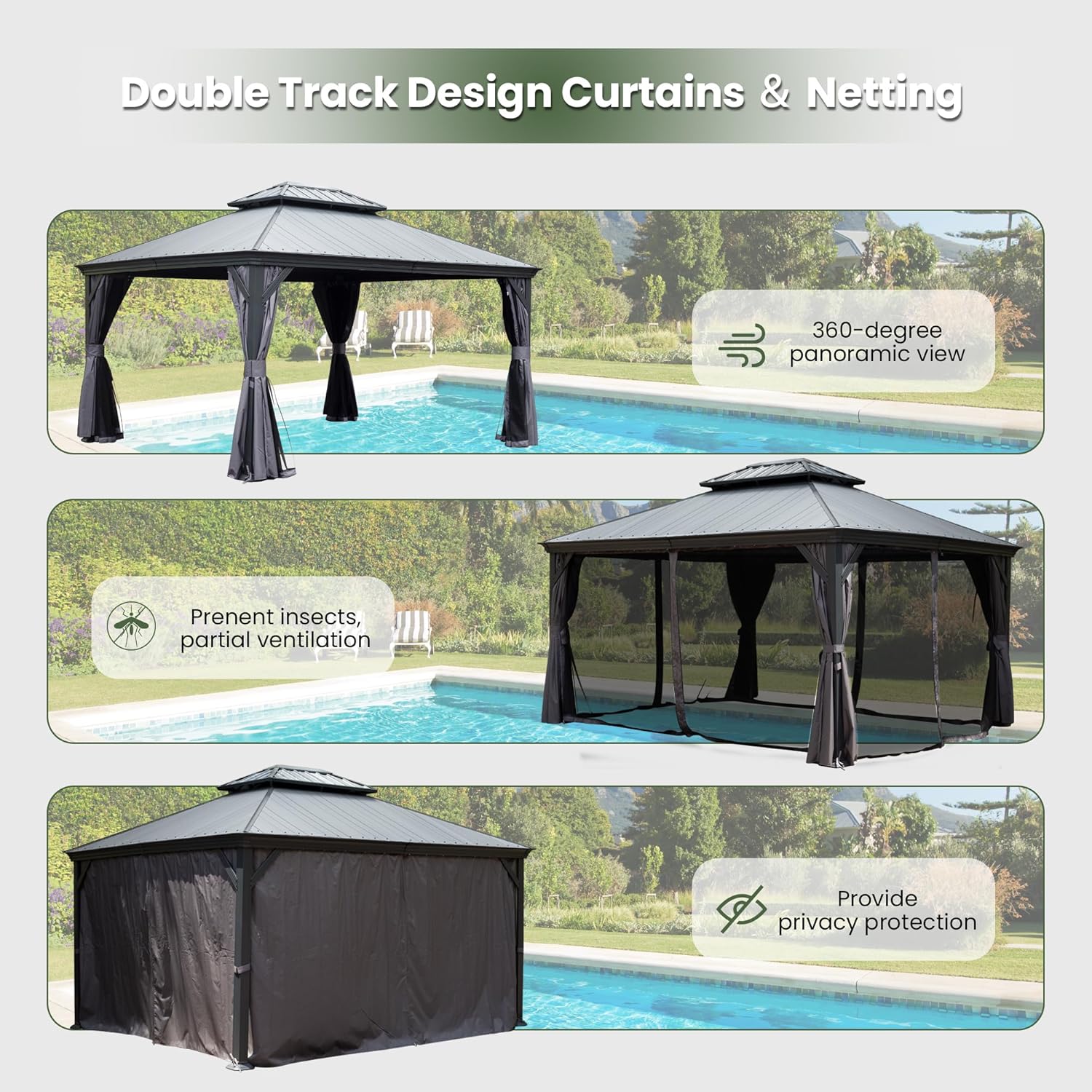 Domi 10' X 12' Hardtop Gazebo, Upgraded Metal Gazebo with Dual-Layer Resin Roof, Drainage System, Curtain and Netting, Outdoor Shelter Canopy for Patio, Garden, and Backyard, Grey