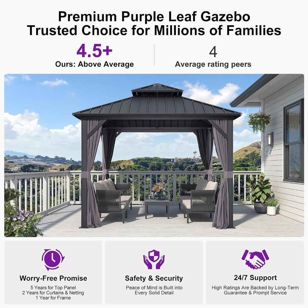 PURPLE LEAF 10'x10' Hardtop Gazebo with Lights Aluminum Double Roof Galvanized Steel Outdoor Patio Gazebo with Included Netting and Curtains for Backyard Garden Grey