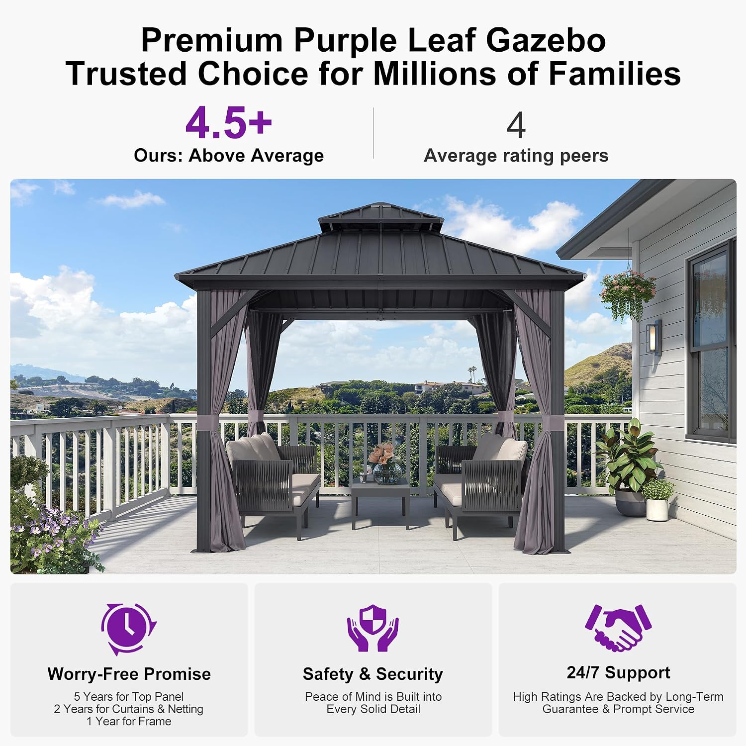 PURPLE LEAF 10'x10' Hardtop Gazebo with Lights Aluminum Double Roof Galvanized Steel Outdoor Patio Gazebo with Included Netting and Curtains for Backyard Garden Grey