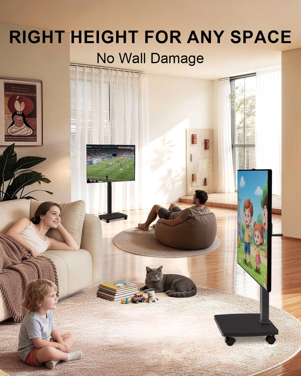 WALI Rolling TV Stand with Hand Crank Lift, Mobile Tall Television Stand Mount on Wheels for 30-70' TVs up to 110 lbs, Swivel Height Adjustable TV Cart with Wood Base for Bedroom(TVDVD-7MR), Black