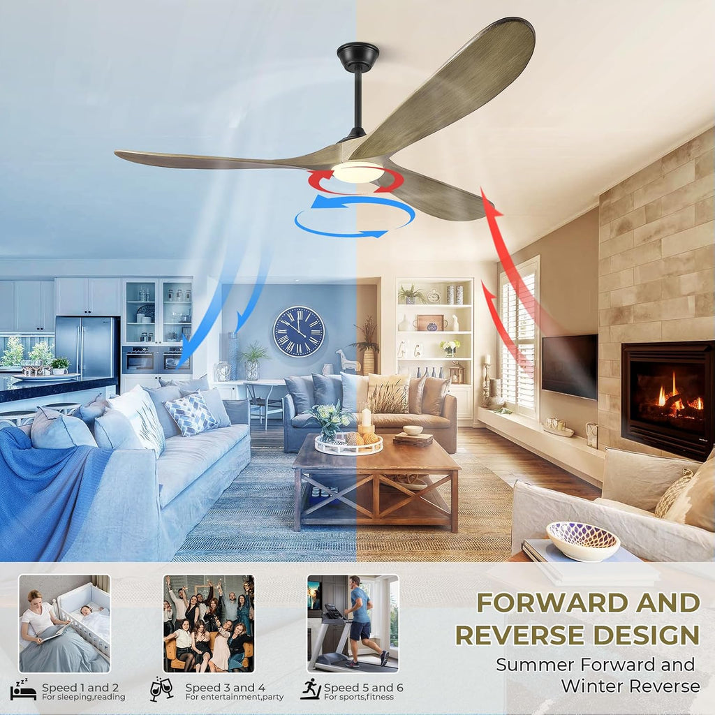 60' Ceiling Fans with Lights and Remote Control, Outdoor Ceiling Fan with Lights High CFM Quiet 3 Blade Wood Walnut Ceiling Fan,Bronze Gray