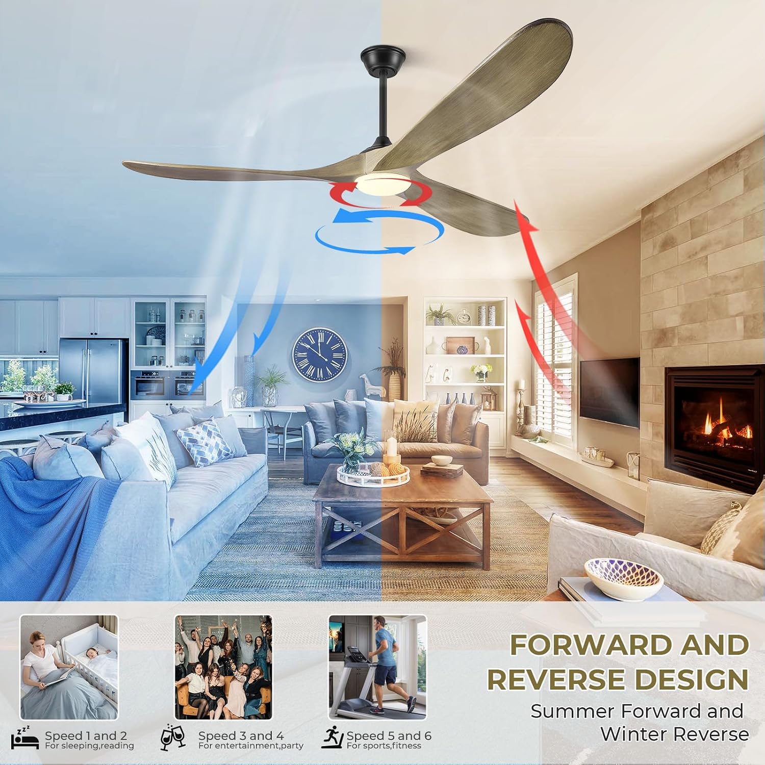 60' Ceiling Fans with Lights and Remote Control, Outdoor Ceiling Fan with Lights High CFM Quiet 3 Blade Wood Walnut Ceiling Fan,Bronze Gray