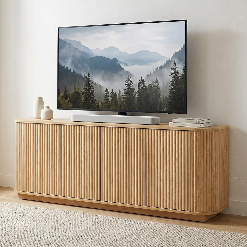 Fluted TV Stand for TVs Up to 75 Inch, Mid Century Modern TV Console for Living Room, Entertainment Center with Storage, Wood Media Console Cabinet with Rounded Corner