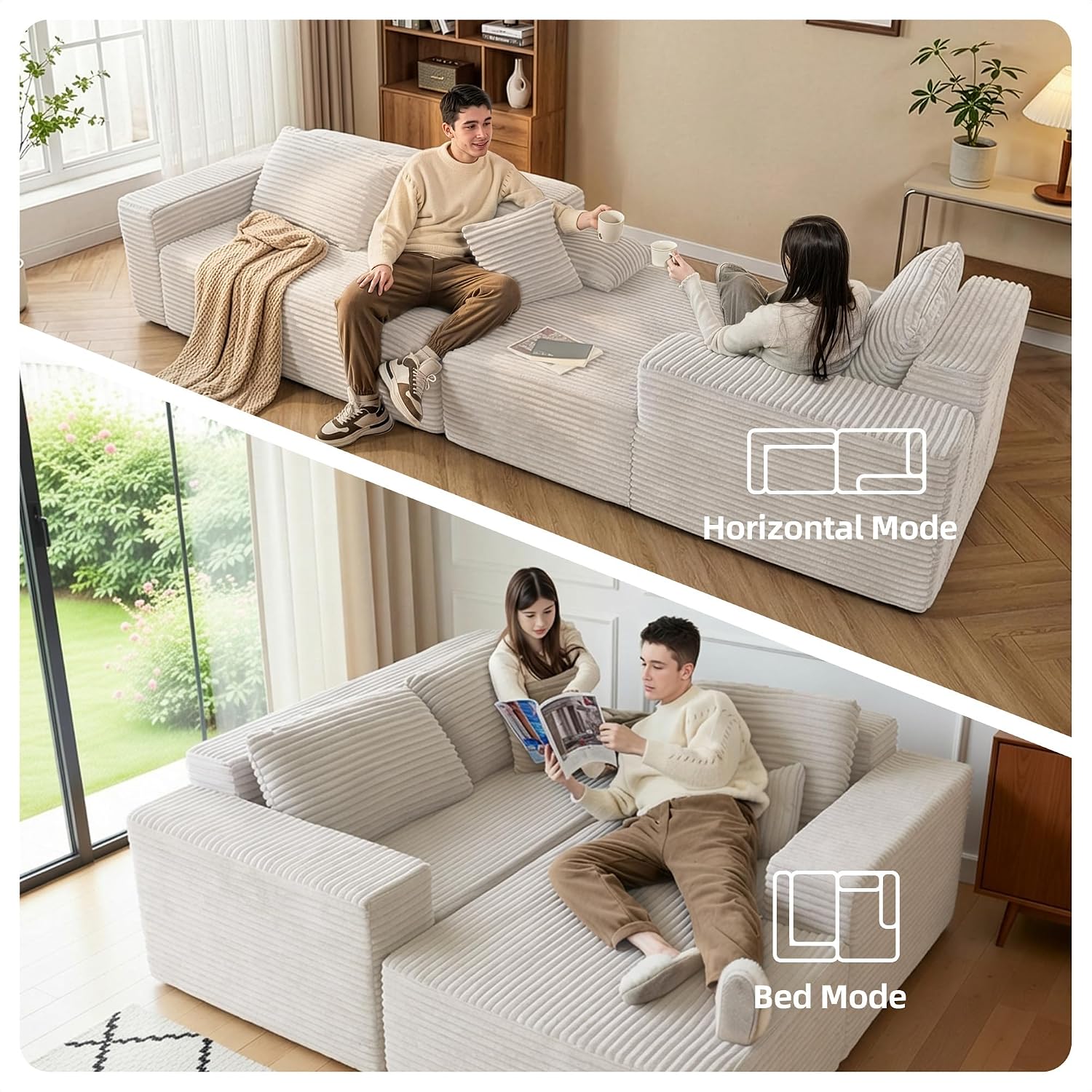 Claiks 104' Boneless Couch, Cloud Couch Sectional, L-Shape Corduroy Modular Sectional Sofa Deep Seat, Upholstered Couches for Living Room, No Assembly Required, Beige, Right Facing Chaise