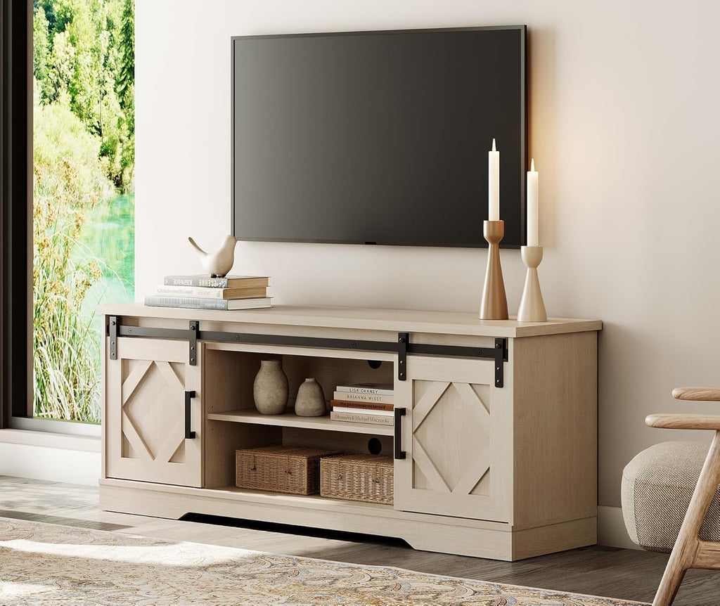 WAMPAT Modern Farmhouse TV Stand for TVs up to 65' with Sliding Barn Doors, 23.6' H Wood Entertainment Center with Adjustable Media Storage Shelf for Living Room, Beige Wood