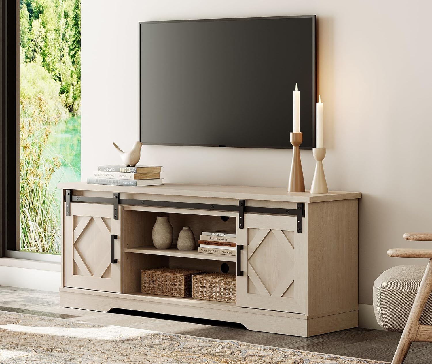 WAMPAT Modern Farmhouse TV Stand for TVs up to 65' with Sliding Barn Doors, 23.6' H Wood Entertainment Center with Adjustable Media Storage Shelf for Living Room, Beige Wood
