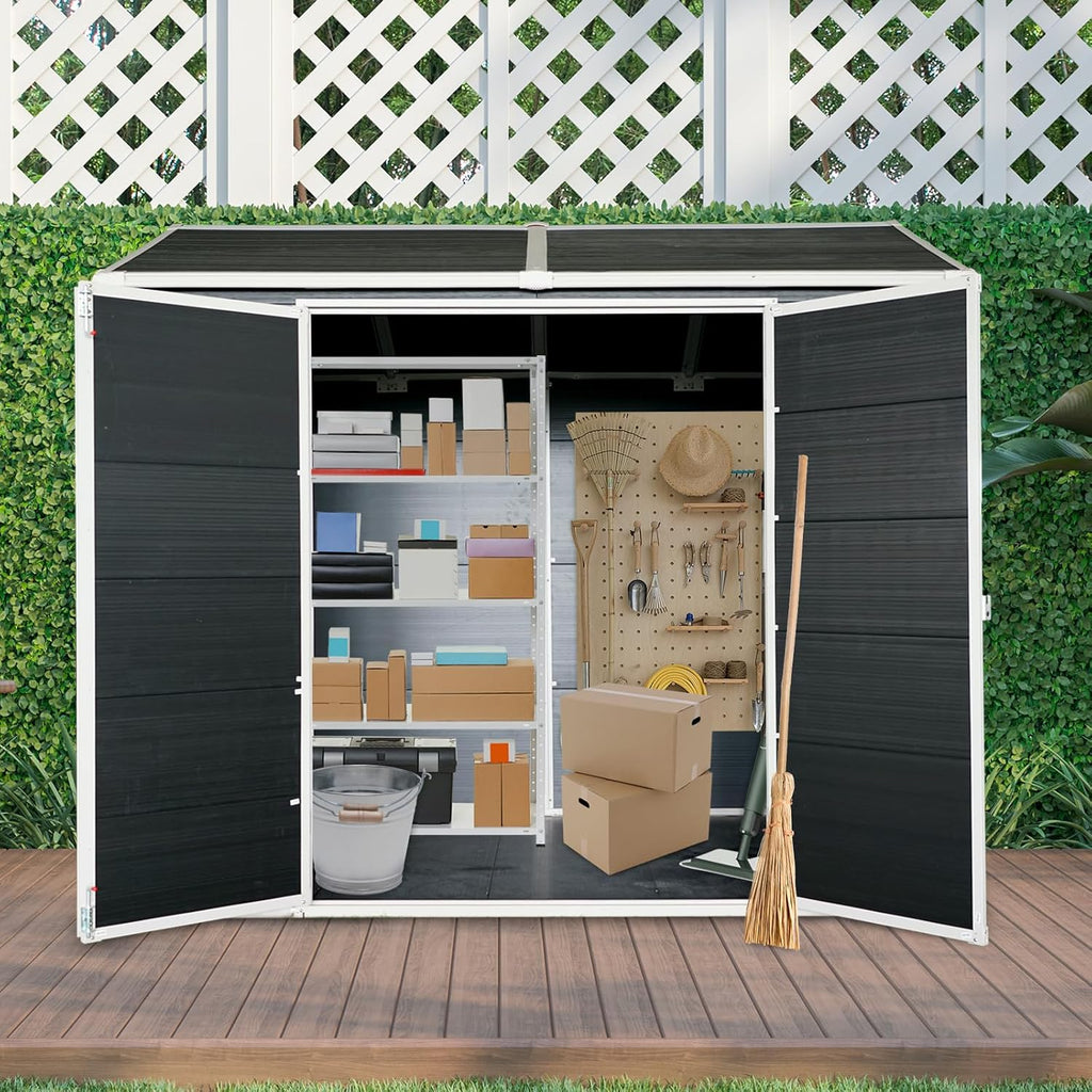 8x6 ft Outdoor Resin Storage Shed with Floor, Waterproof Plastic Tool Shed with Lockable Door and Two Windows, All-Weather Tool Sheds for Backyard, Patio, Lawn, Garden (Black, 8 x6 ft)