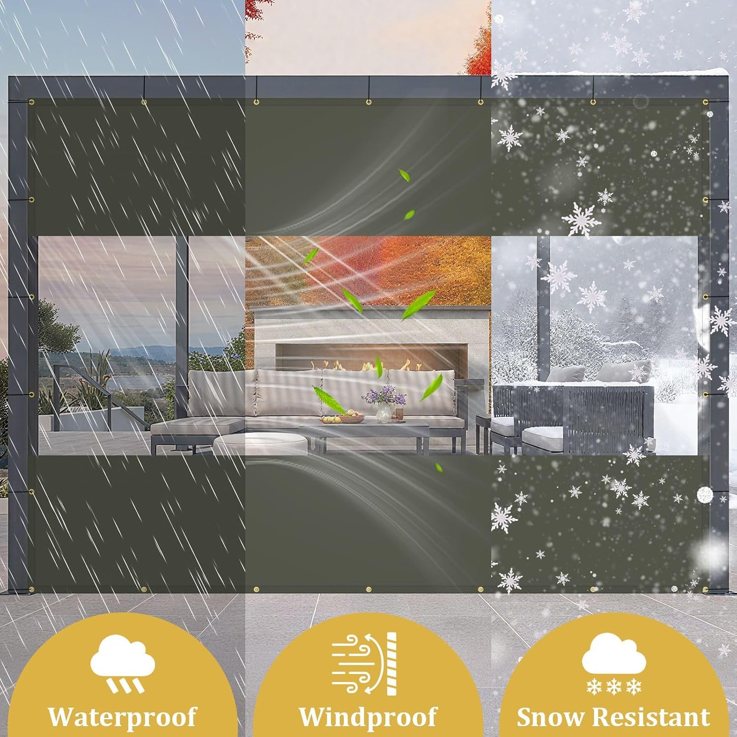 Shade&Beyond Outdoor Vinyl Curtain, 9'W x 16'L Heavy Duty Clear Tarp with Grommets Waterproof, Privacy Clear Panel UV-Resistant for Pergola Gazebos Porch Enclosure Patio(Customized Size, Gray)
