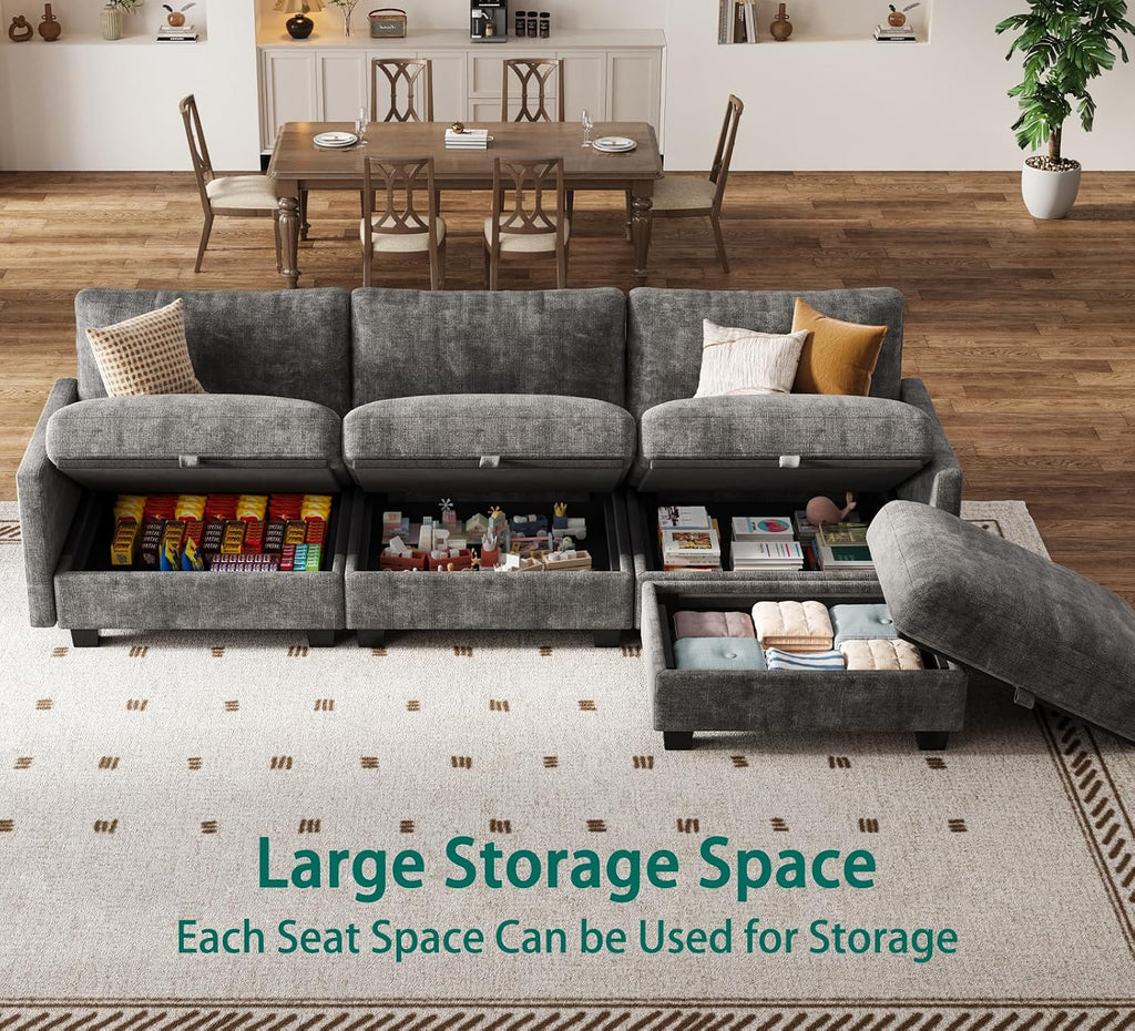 Modular Sectional U Shaped Sofa Couches for Living Room, Cloud Couch with Storage Ottoman, Comfy Chenille Sofa with Pillow, Dark Gray