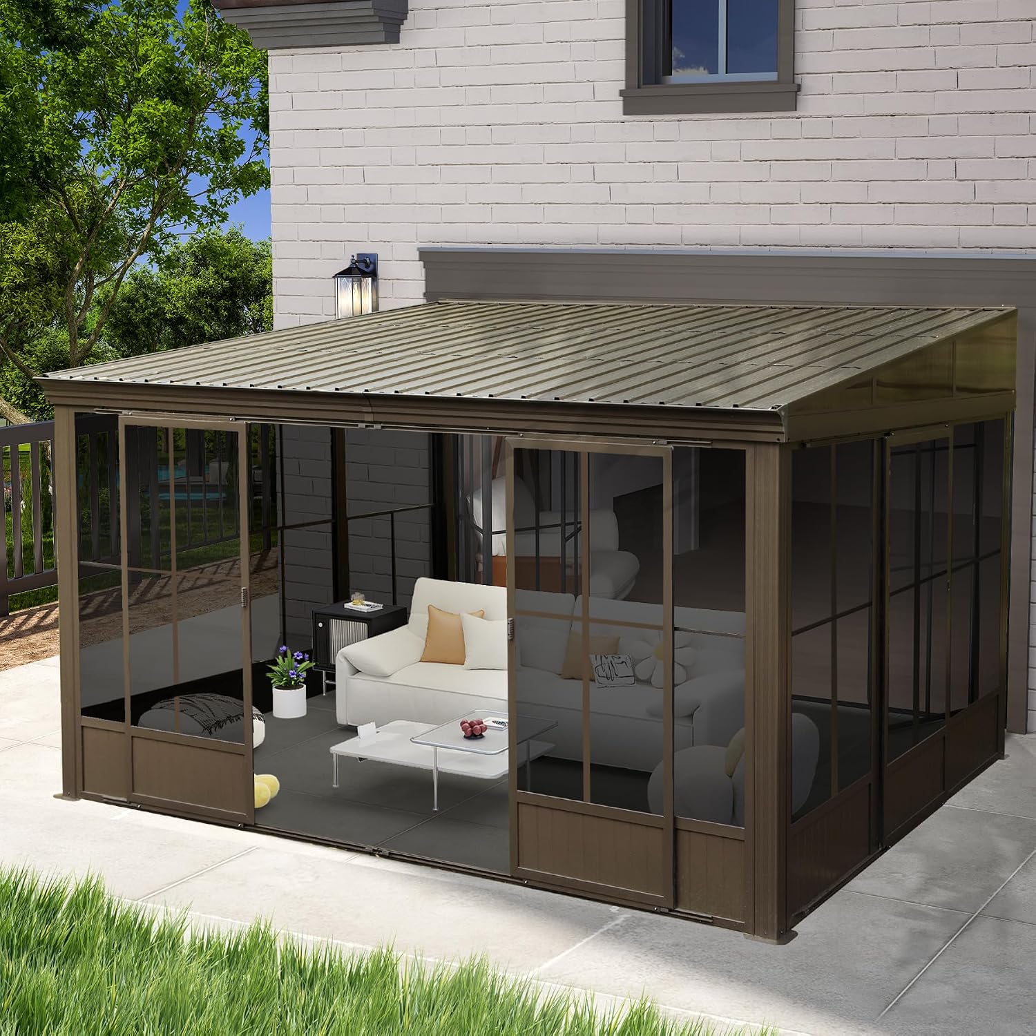 10x12FT Wall Mounted Sunroom, Outdoor Permanent Lean-to Solarium with Detachable Polycarbonate Roof, 2 Lockable Sliding Doors, Aluminum Gazebo Against The Wall Sun Room for Garden Patio Deck