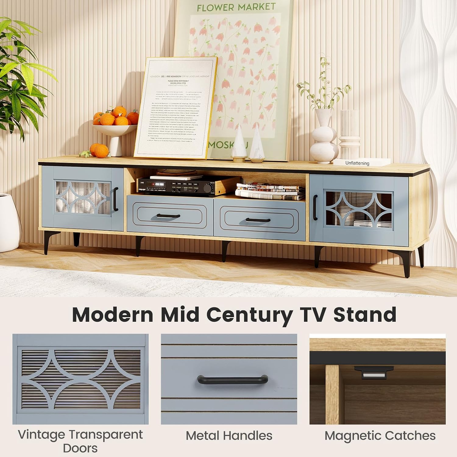 Giantex Wood TV Stand for TVs up to 80', Modern Entertainment Center with Storage Drawers, Side Cabinets, Wood Television Stands, Media TV Console Table for Living Room Bedroom (Oak & Bluish Gray)
